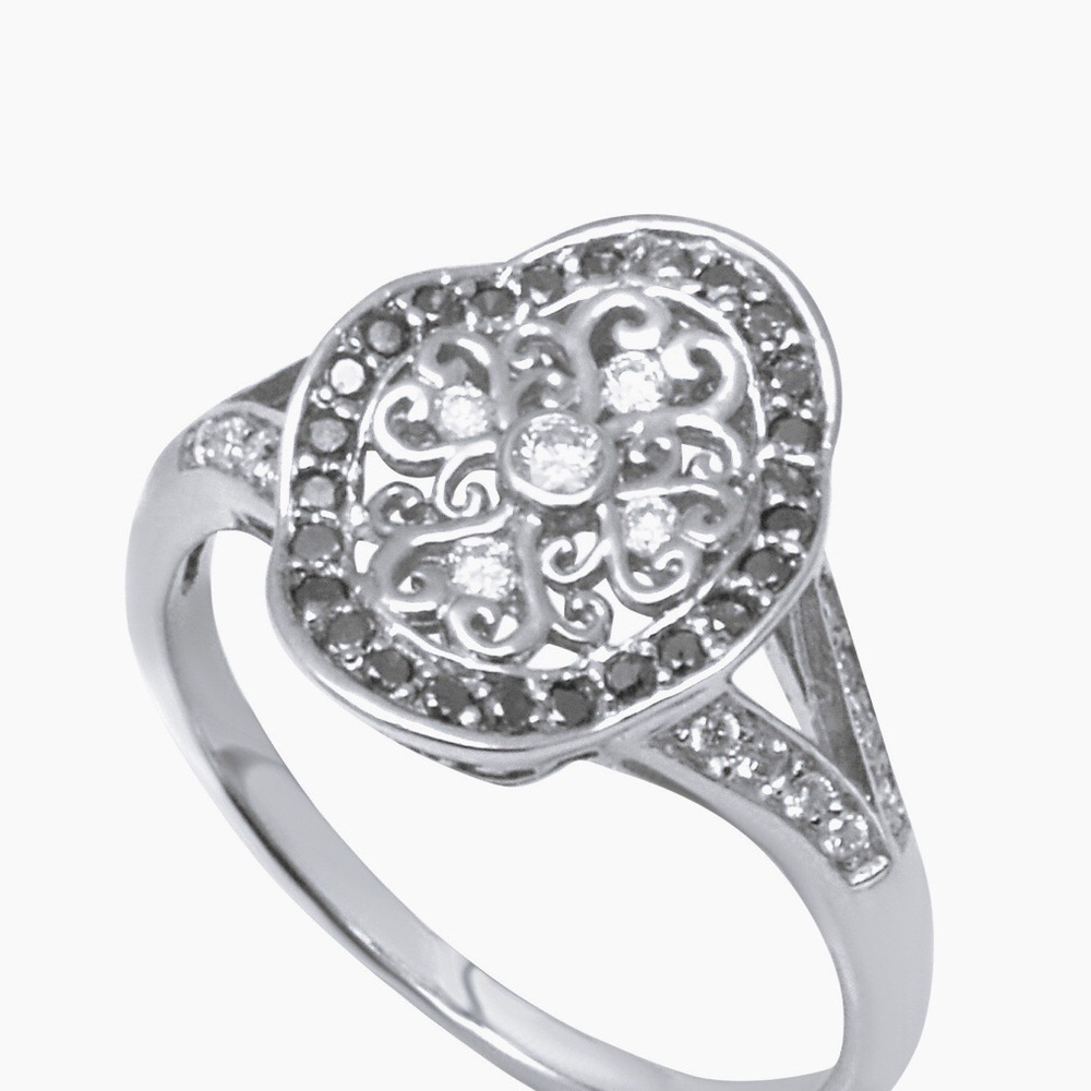 Luxury 10k White Gold Filigree Ring • 0.15ct Dark Diamond Accents • Free Authent